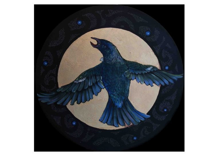 THE THROAT OF THE TUI - He korokoro Tūī
Robin Slow
Acrylic and gold leaf on canvas
510mm diameter
$1,400