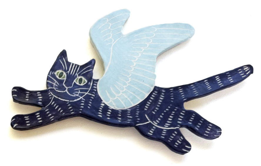Wall hanging Flying Cat - Dark purple and pale blue
