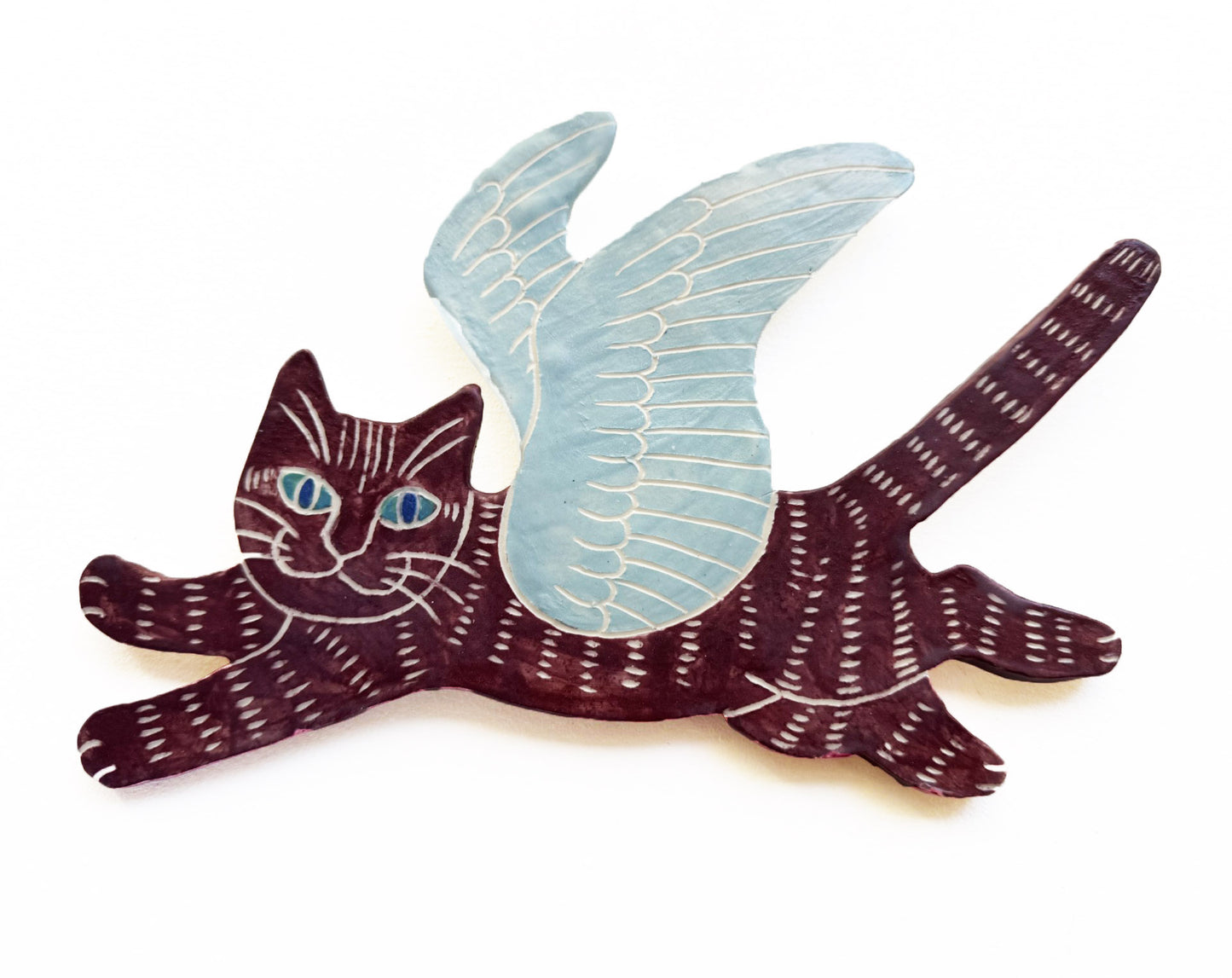 Wall hanging Flying Cat - Plum and pale blue