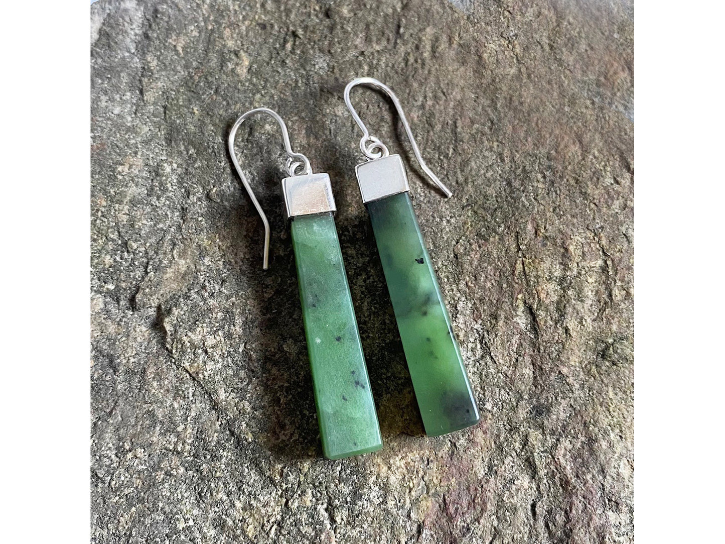 Pounamu rectangle earrings with silver caps