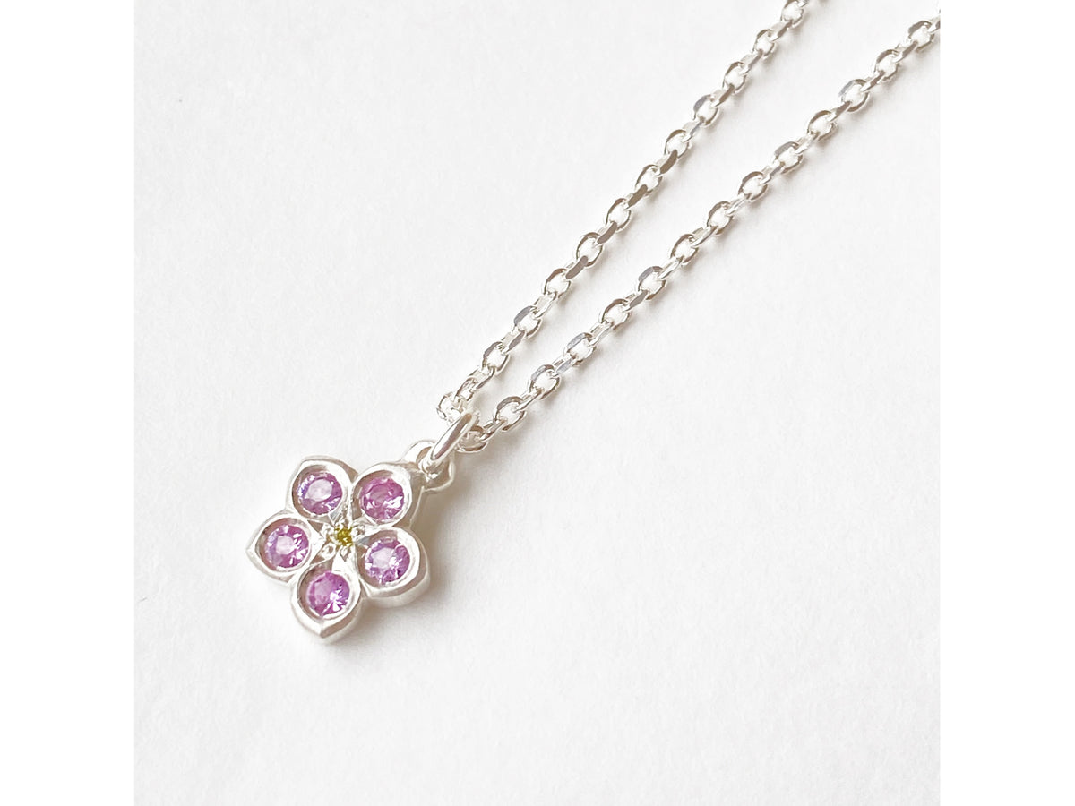 Pink Forget-me-not Necklace - Sterling silver + sapphire + yellow diamond