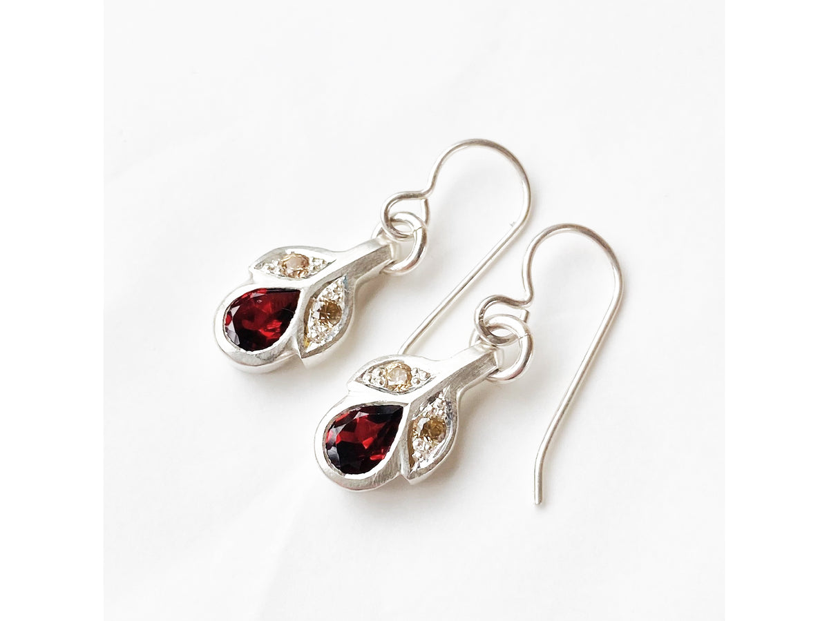 Poppy Bud Drop Earrings with Garnet + natural zircons