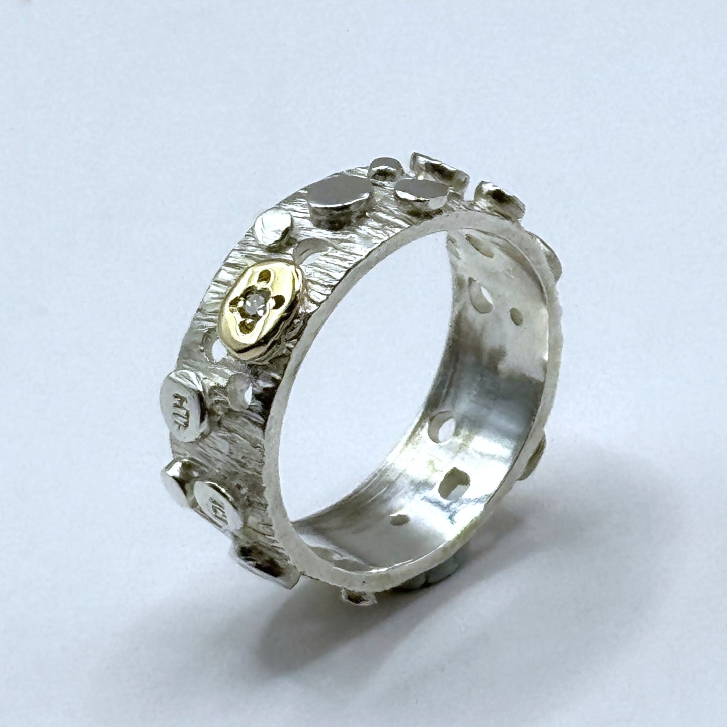 Silver Matariki Ring with Sparkle (T) - Silver/9ct gold/diamond