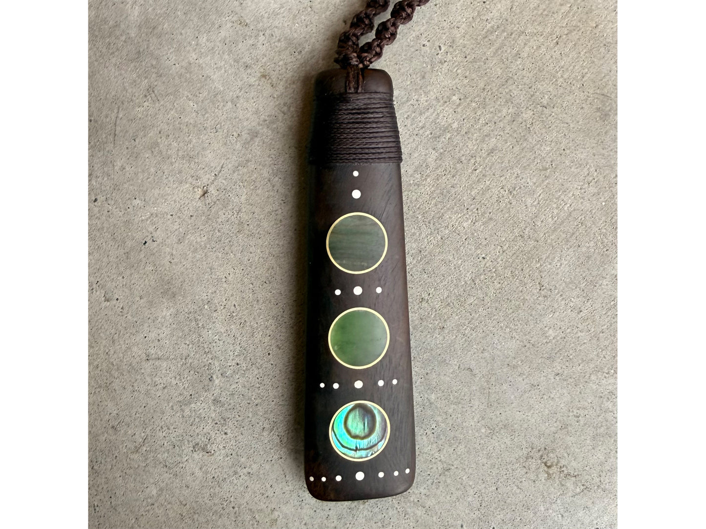 Lignum Vitae Trinity hei toki, paua , pounamu , aotea