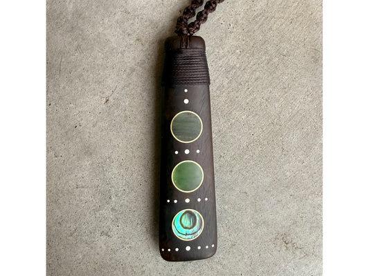 Lignum Vitae Trinity hei toki, paua , pounamu , aotea