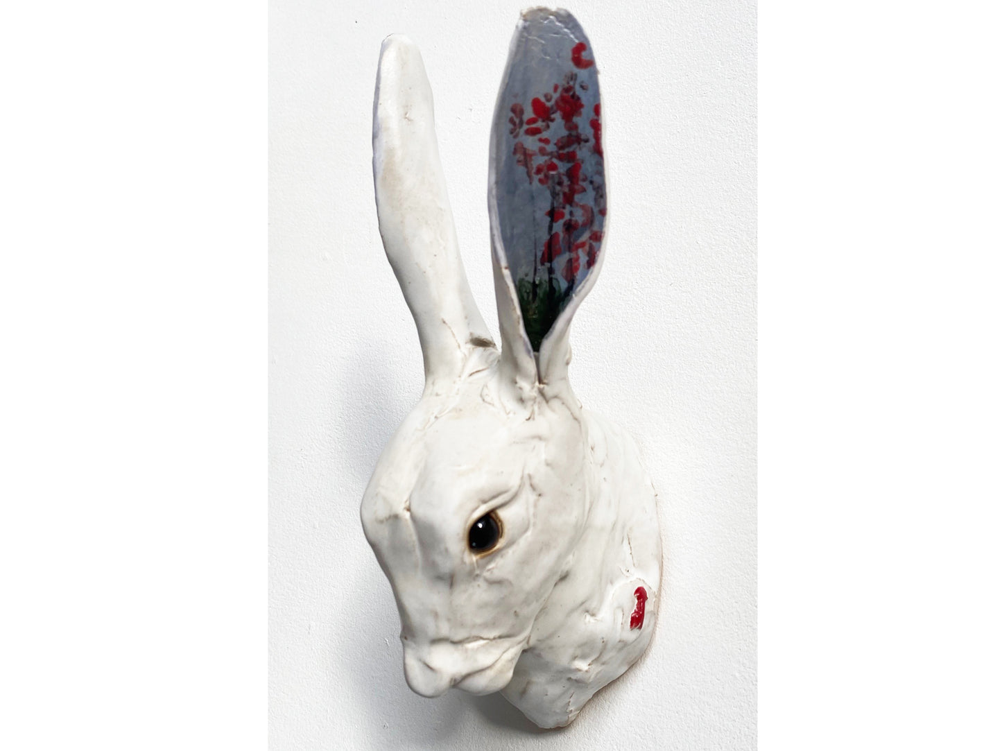 Wall Rabbit Head, painted ears Red flowers
