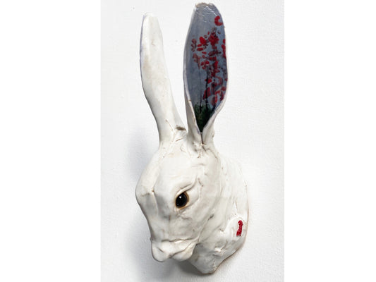 Wall Rabbit Head, painted ears Red flowers