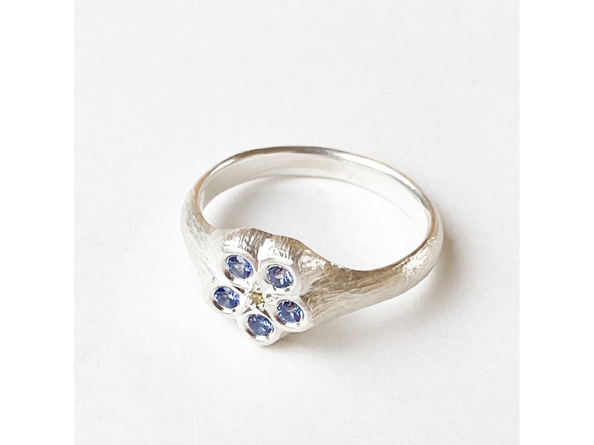 Blue Forget-me-not Ring -  Sapphires + yellow diamond