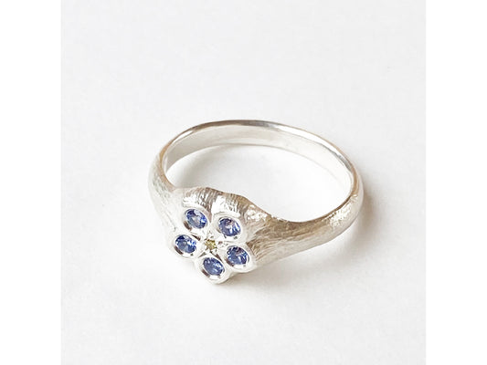 Blue Forget-me-not Ring -  Sapphires + yellow diamond