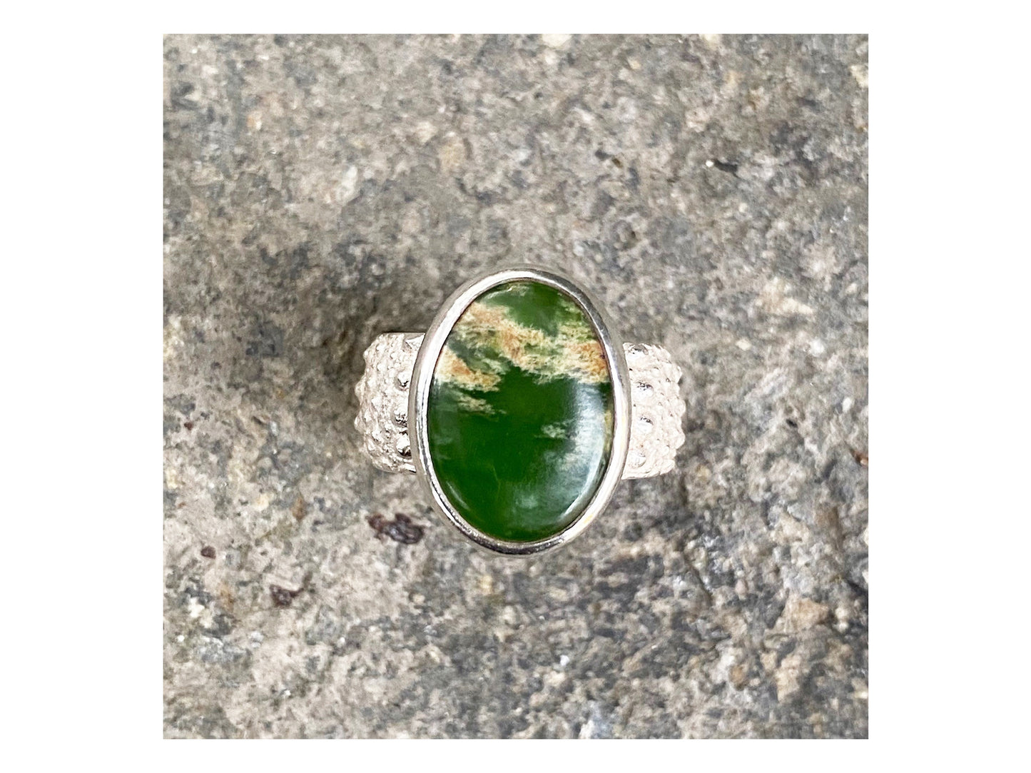 Sterling silver kina ring with marsden pounamu