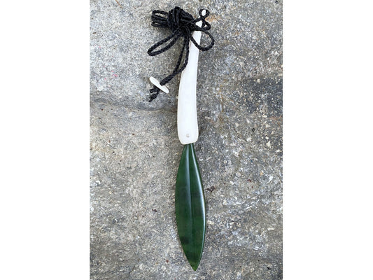 Maire Leaf Pendant - Pounamu + Antler tine