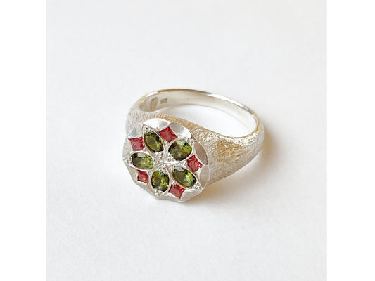 Kaleidoscope Ring with Green Tourmalines + Orange Sapphires Size P1/2