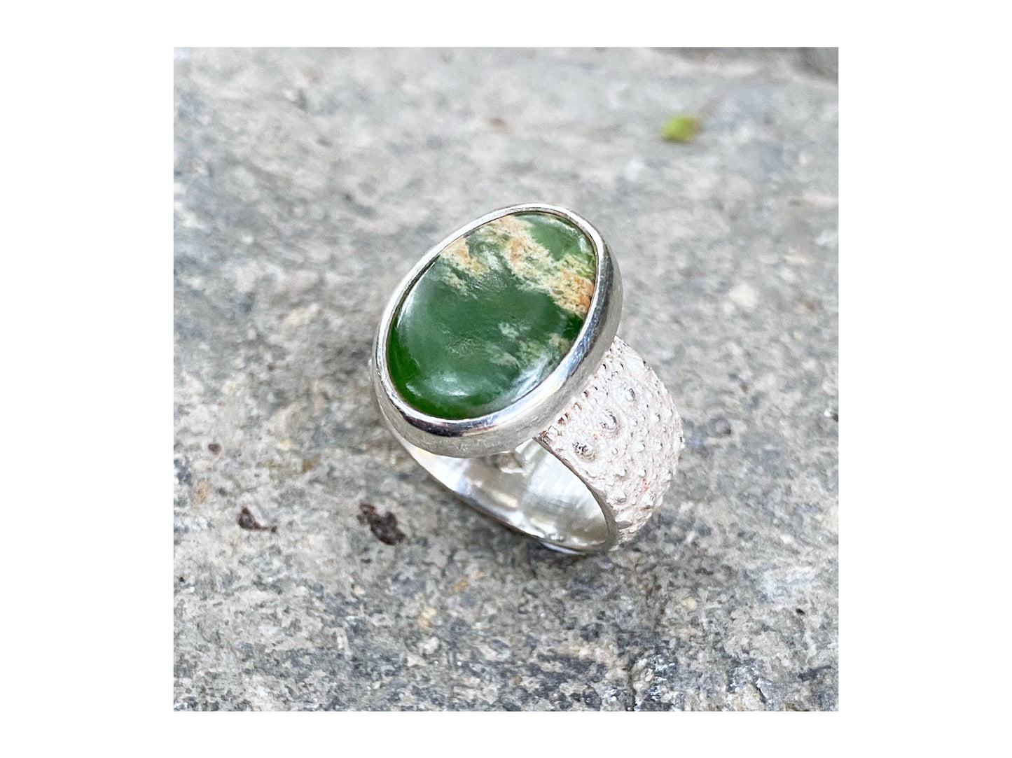 Sterling silver kina ring with marsden pounamu
