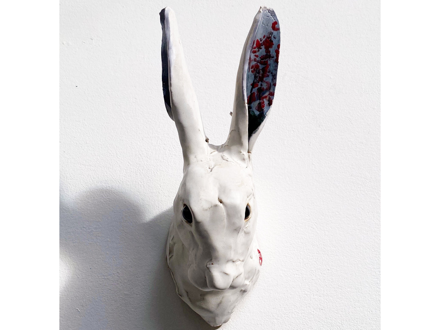 Wall Rabbit Head, painted ears Red flowers